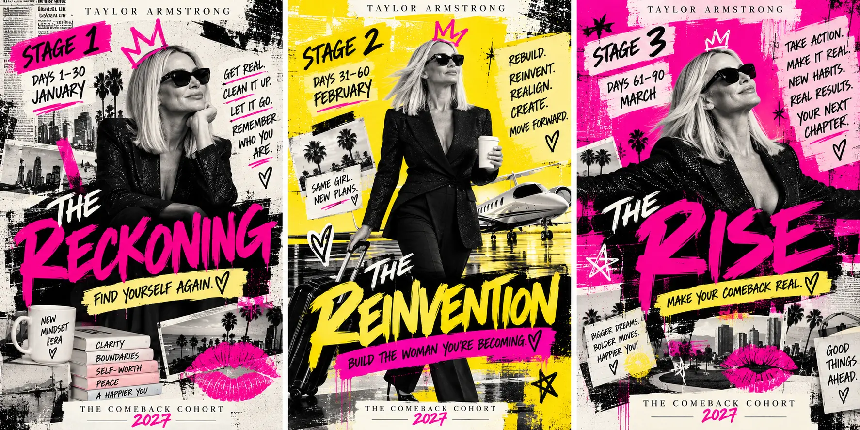Three posters: Stage 1 The Reckoning, Stage 2 The Reinvention, Stage 3 The Rise
